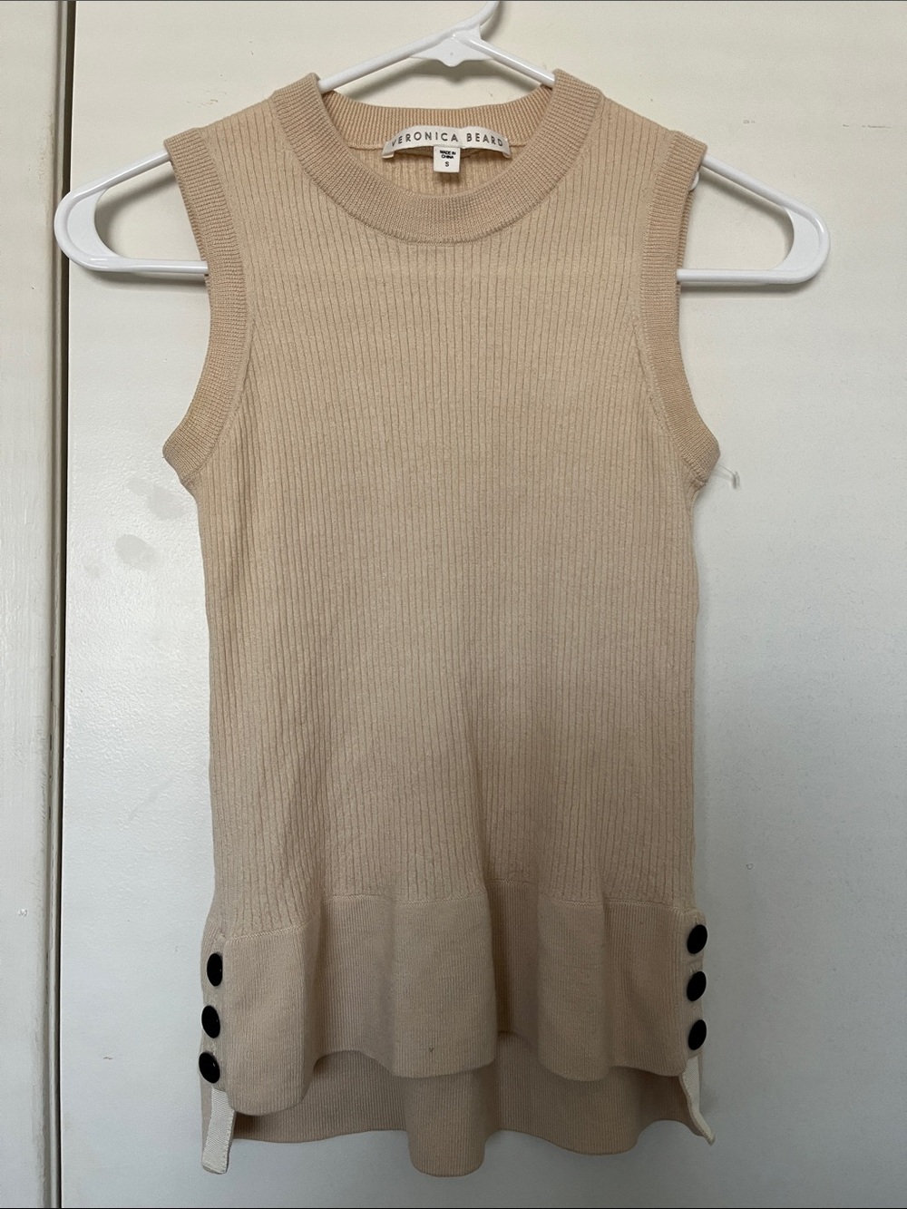 Veronica Beard Merino Wool Tank Ivory Ribbed Buttons